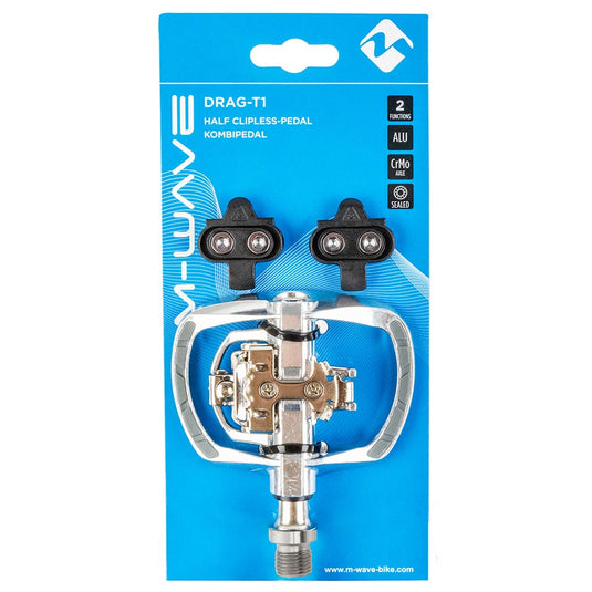 M-Wave DRAG-T1 Dual Sided Pedals, Body: Aluminum, Spindle: Cr-Mo, 9/16'', Silver, Pair