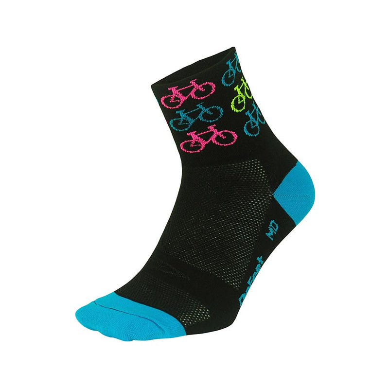 Load image into Gallery viewer, DeFeet Aireator 2-3" Cuff Socks, Cool Bikes Black/Process Blue, XL, Pair
