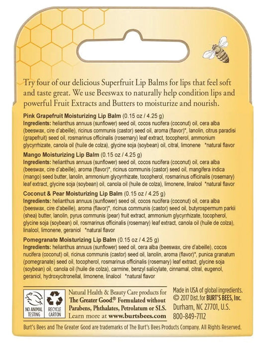 Burt's Bees Lip Balm Super Fruit Blast 4-Pack - Nourishing Lip Care Set