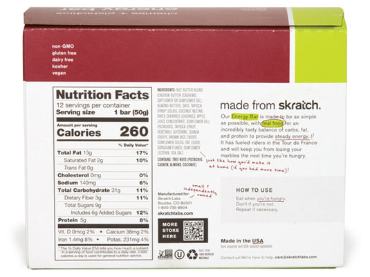 Skratch Labs Anytime Energy Bars: Cherry Pistachio - Fuel Your Day Anytime! Pack of  12