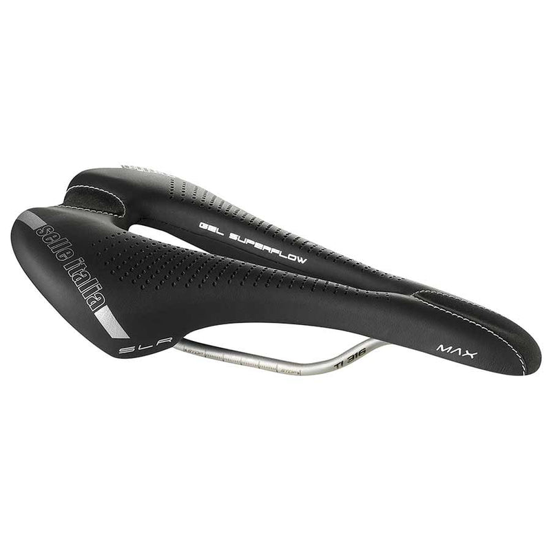 Load image into Gallery viewer, Selle Italia Max SLR Gel Superflow Saddle - Black 145mm Width Titanium Rail
