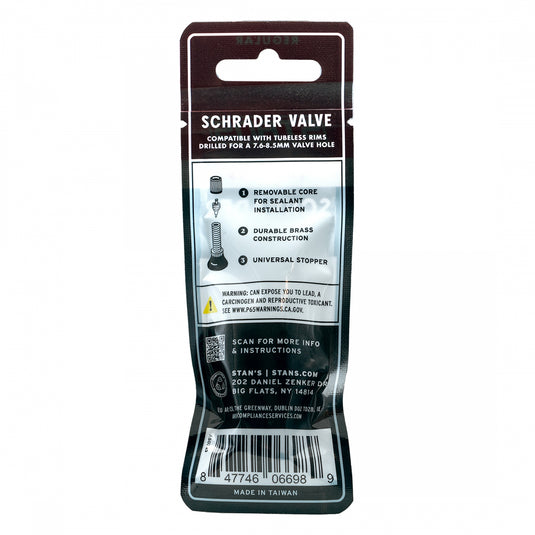 Stan's Tubeless Universal Valve Stems - Brass, Regular, Schrader, Pair