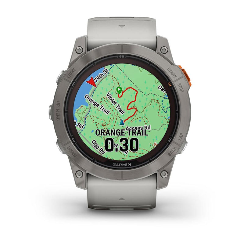 Load image into Gallery viewer, Garmin fenix 7X Pro Sapphire Solar, Watch, Watch Color: Titanium, Wristband: Fog Grey/ Ember Orange - Silicone
