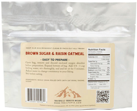 Trailtopia Oatmeal Brown Sugar Raisin Oatmeal Meals - Delicious and Nutritious Trail Food for Outdoor Adventures