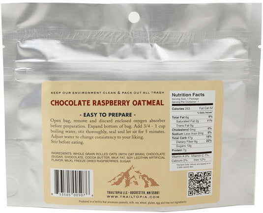 Trailtopia Oatmeal Raspberry Chocolate Oatmeal Meals - Delicious and Nutritious Trail Food for Outdoor Adventures