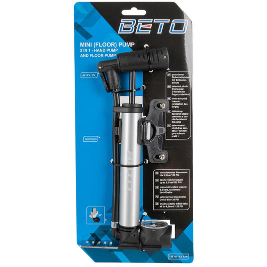 Beto 2 in 1 Mini Pump 125psi, Reversible, Silver