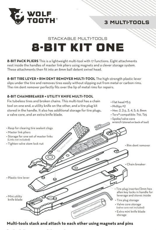 Wolf Tooth 8-Bit Kit One - 3 in 1 Modular Bicycle Multi-Tool Pack, Black/Gray