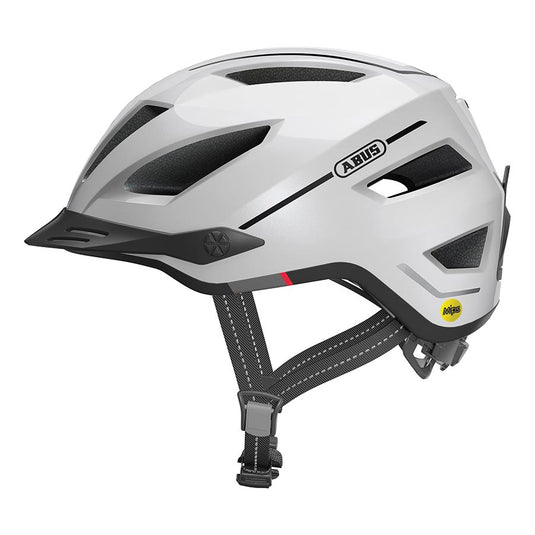 Abus-Pedelec-2.0-Helmet-Large-(56-62cm)-Half-Face-MIPS-Visor-With-Light-Adjustable-Fitting-Fidlock-Magnetic-Strap-Buckle-Reflector-Ponytail-Compatible-White-HLMT4904-Bicycle-Helmets