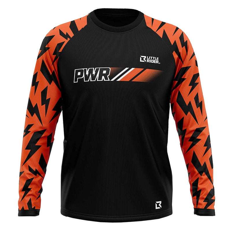 Load image into Gallery viewer, PWR Bikes Superbolt x Little Rider Tech, Jersey, Long Sleeves, Unisex, Black/Orange, Age 8/9
