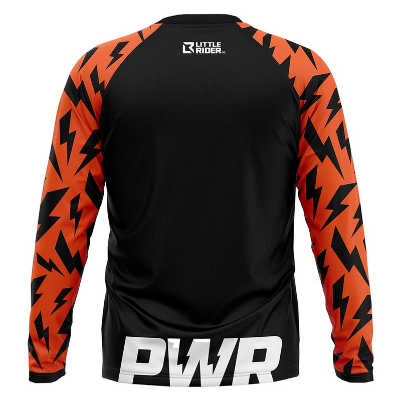 Load image into Gallery viewer, PWR Bikes Superbolt x Little Rider Tech, Jersey, Long Sleeves, Unisex, Black/Orange, Age 8/9
