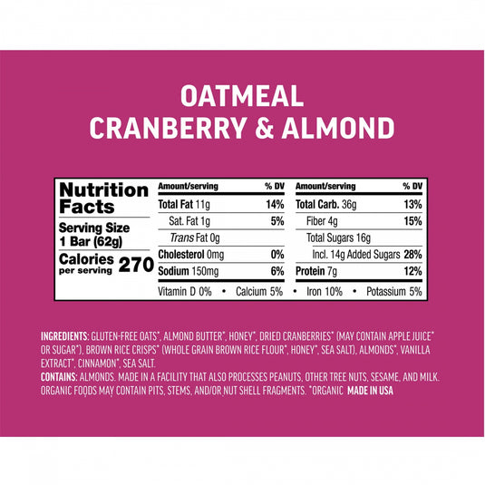 Kates Real Food Energy Bars Energy Oatmeal Cranberry Almond Box of 12 Yes Pack of  12