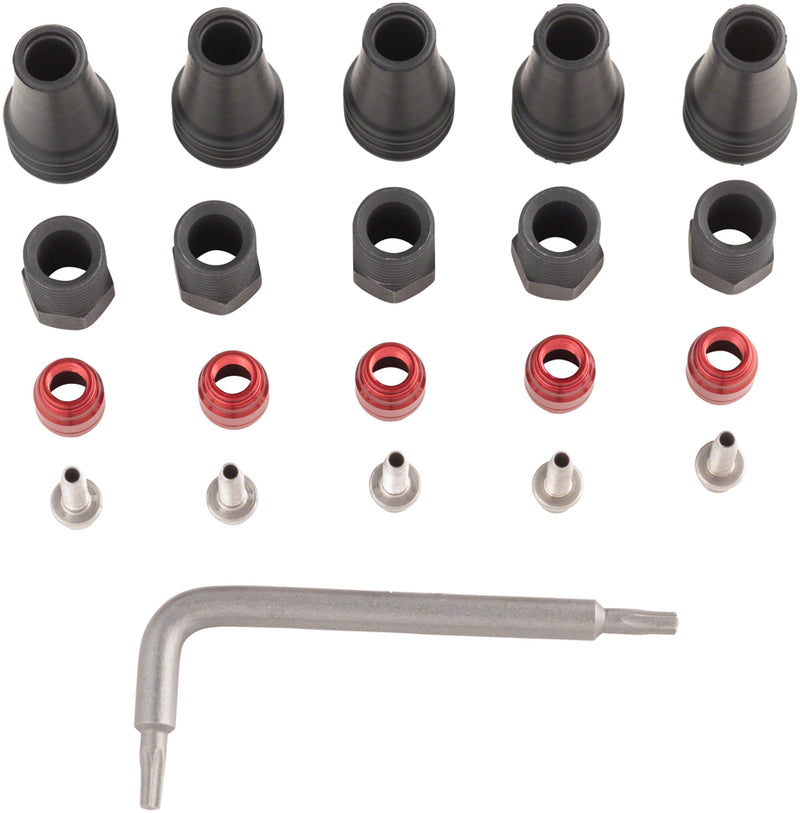 Load image into Gallery viewer, SRAM Red/Force AXS 2-Pc Disc Brake Hose Fitting Kit - 5 Threaded Hose Barbs, 5 Compression Nuts, 5 Boots, Red Comp
