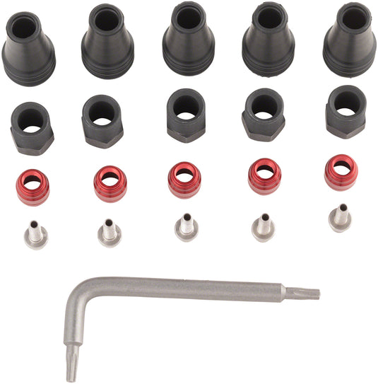 SRAM Red/Force AXS 2-Pc Disc Brake Hose Fitting Kit - 5 Threaded Hose Barbs, 5 Compression Nuts, 5 Boots, Red Comp