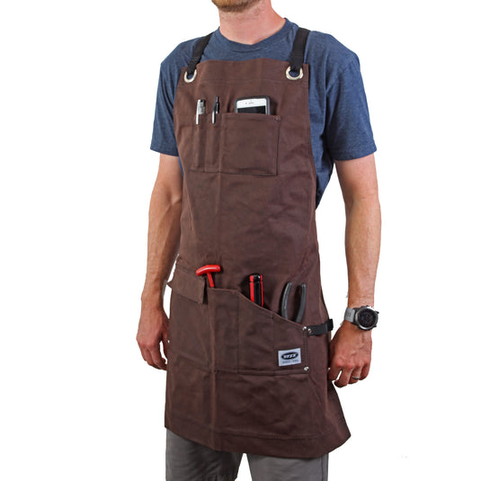 Durable Waxed Canvas Bike Shop Apron with Water-Resistant Material, Reinforced Rivets & Grommets, 7 Multi-Functional Pockets, Adjustable Cross-Back Straps, and Universal Fit-Ideal for Mechanics & Cycling Professionals