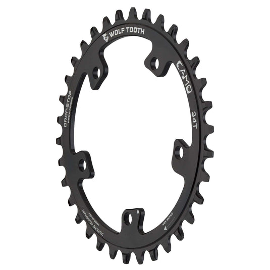 Wolf Tooth CAMO Drop-Stop 34t Chainring - 7075-T6 Aluminum, Asymmetrical Wear-Resistant, Mud Clearance, Compatible with 9-12 Speed, Black