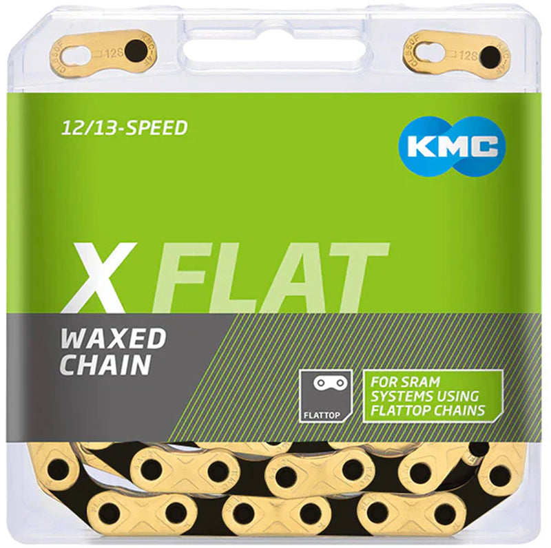 Load image into Gallery viewer, KMC X-Flat Waxed Chain - 12/13-Speed, 126 Links, Compatible with SRAM T-Type and AXS Systems, Ti Gold/Black
