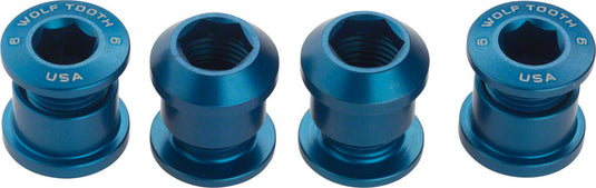 Wolf Tooth 4-Pack Blue Aluminum Chainring Bolts - 6mm M8 x.75 For 1x Drop-Stop Single Chainrings, Durable 7075-T6 Performance, Dual Hex Design