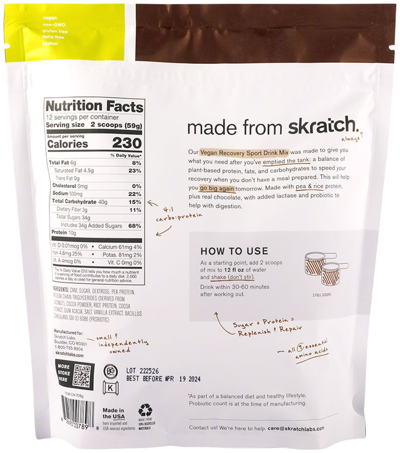 Skratch Labs Vegan Recovery Sport Drink Mix - Chocolate, 12-Serving Resealable Pouch