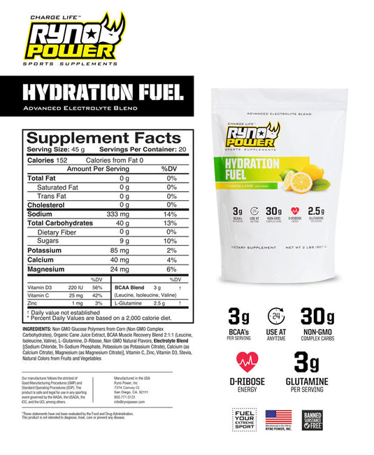 Ryno Power Hydration Fuel Drink Mix - Lemon Lime, 20 Servings (2 lbs.)