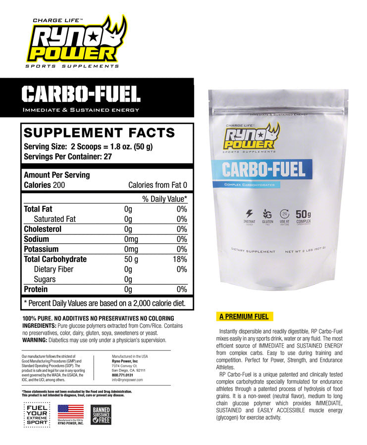 Ryno Power Carbo-Fuel Drink Mix  - Unflavored, 20 Servings, (2 lbs.)