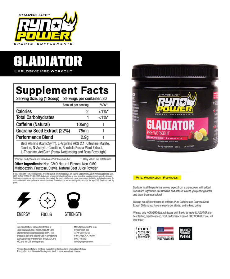 Load image into Gallery viewer, Ryno Power Gladiator Pre-Workout Drink Mix - Strawberry Lemonade, 30 Servings
