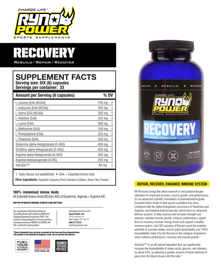 Load image into Gallery viewer, Ryno Power Recovery Supplement - 33 Servings, 200 capsules

