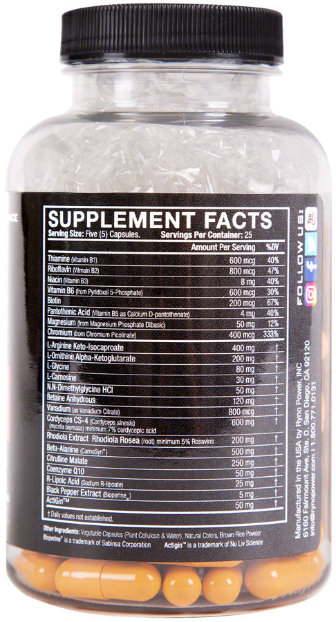 Ryno Power Endurance Supplement - 25 Servings, 125 capsules