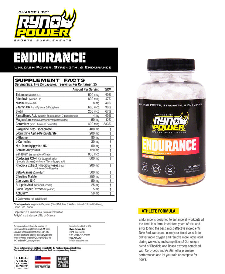 Load image into Gallery viewer, Ryno Power Endurance Supplement - 25 Servings, 125 capsules
