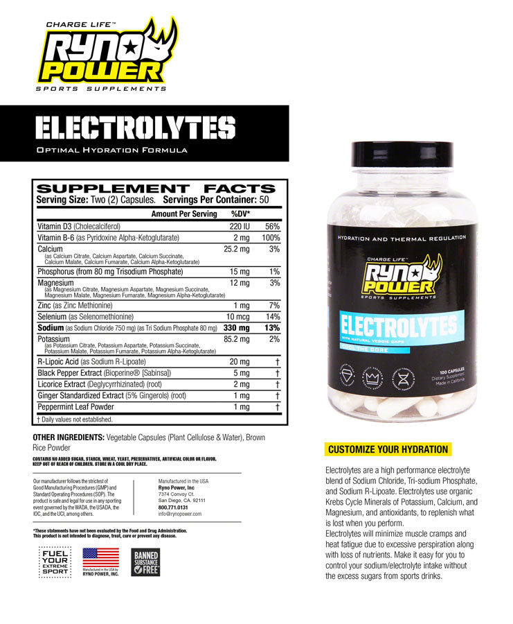 Load image into Gallery viewer, Ryno Power Electrolytes Supplement - 50 Servings, 100 capsules
