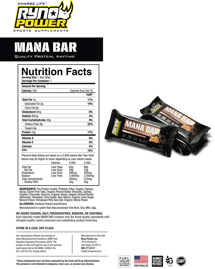 Load image into Gallery viewer, Ryno Power MANA Protein Bars - Chocolate Peanut Butter, 12 Bars

