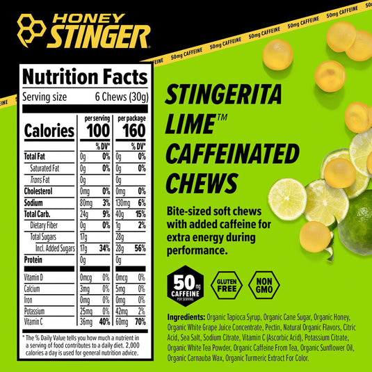 Honey Stinger Caffeinated Energy Chews - Stingerita Lime, Box of 12 Packets