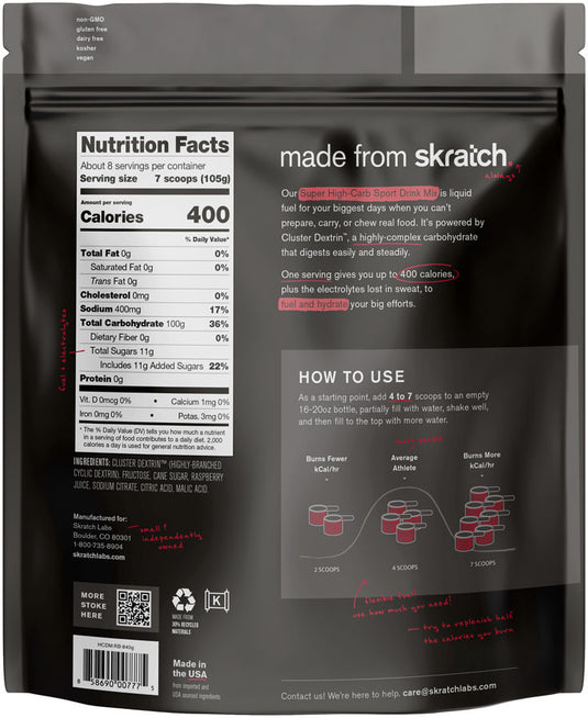 Skratch Labs Super High-Carb Drink Mix, Raspberry, Pouch, 8 servings