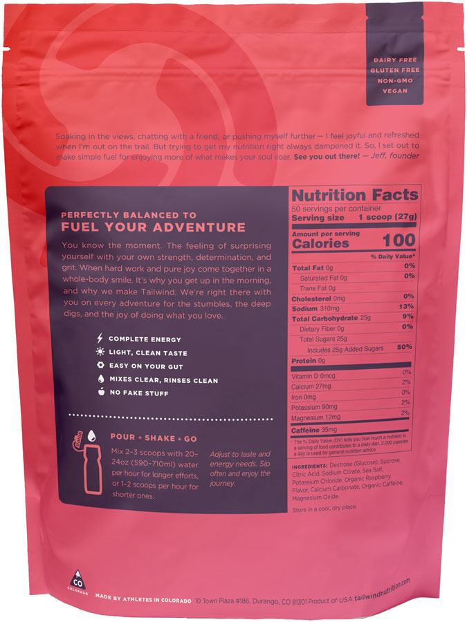 Load image into Gallery viewer, Tailwind Endurance Fuel Raspberry - Caffeinated , 50 Serving Bag
