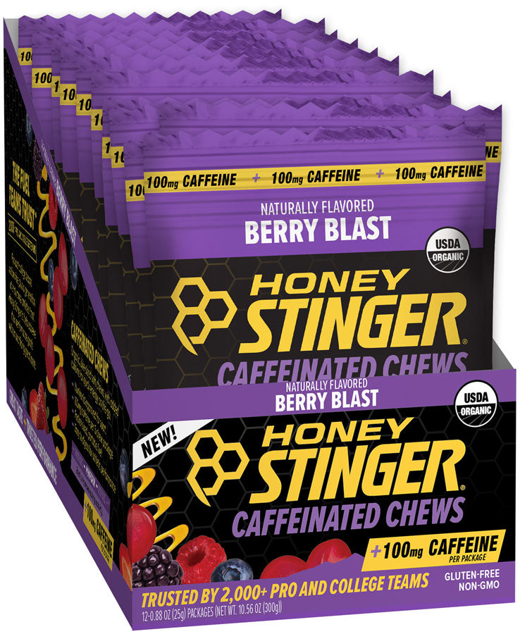 Load image into Gallery viewer, Honey Stinger High Caffeinated Chews - Berry Blast, Box of 12 Packets Pack of  12
