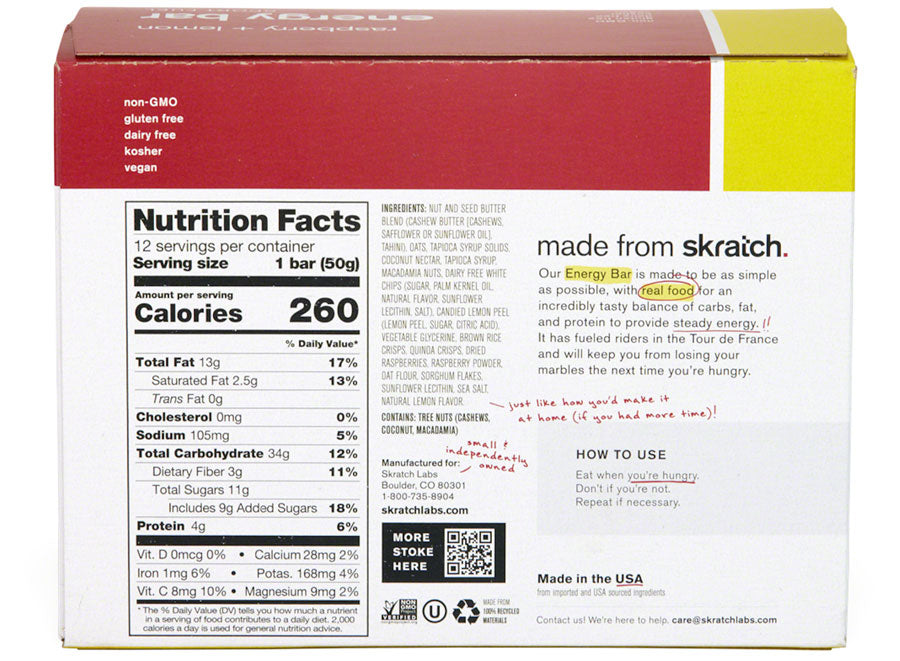 Skratch Labs Energy Bar Sport Fuel - Raspberries and Lemon, Box of 12