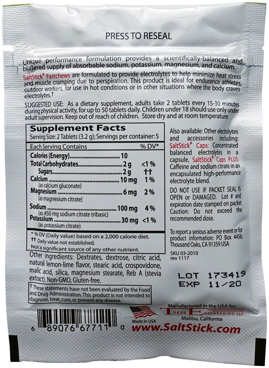 Saltstick Fastchews Chewable Electrolyte tablets POP: Box of 12 Packets, Lemon-Lime