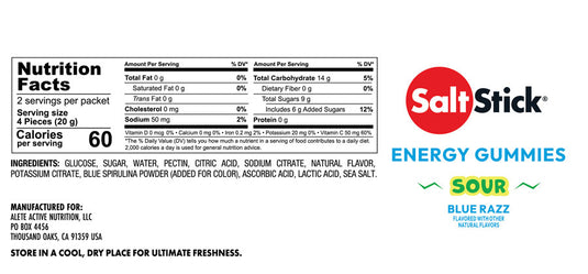 SaltStick Energy Gummies, Sour Blue Razz Berry, 10/Count Carton