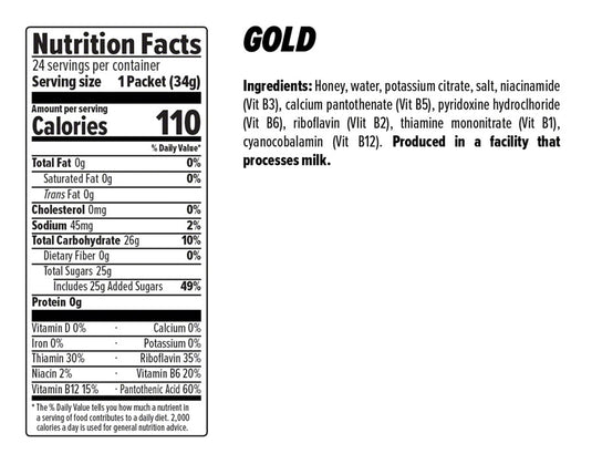 Honey Stinger Energy Gel Gold, Box of 24 With B Vitamins & Electrolytes
