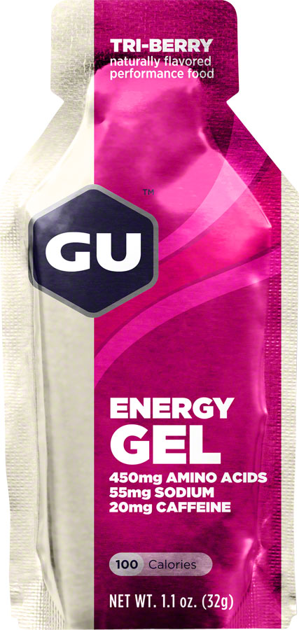 GU Energy Gel Tri Berry Box of 24 20mg Caffiene Branched-Chain Amino Acids