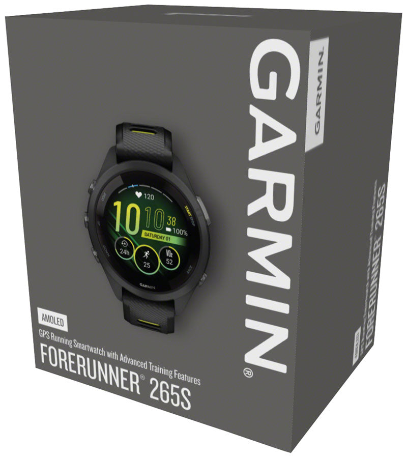 Garmin Forerunner 265S GPS Smartwatch - 42mm, Black Bezel and Case, Black/Amp Yellow Silicone Band