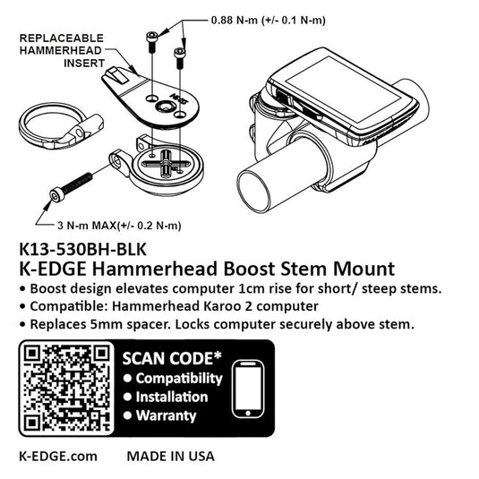 K-EDGE Hammerhead Boost Stem Mount - Adjustable, Black Anodize