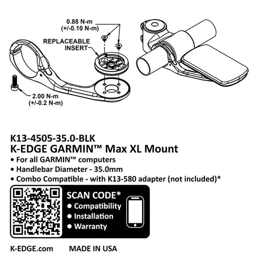 K-EDGE Garmin MAX XL Computer Mount - 35.0mm, Black Anodize