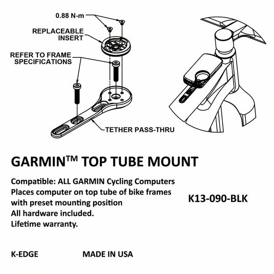 K-EDGE Garmin Top Tube Mount Black CNC Machined Made In USA Multi Mount Position