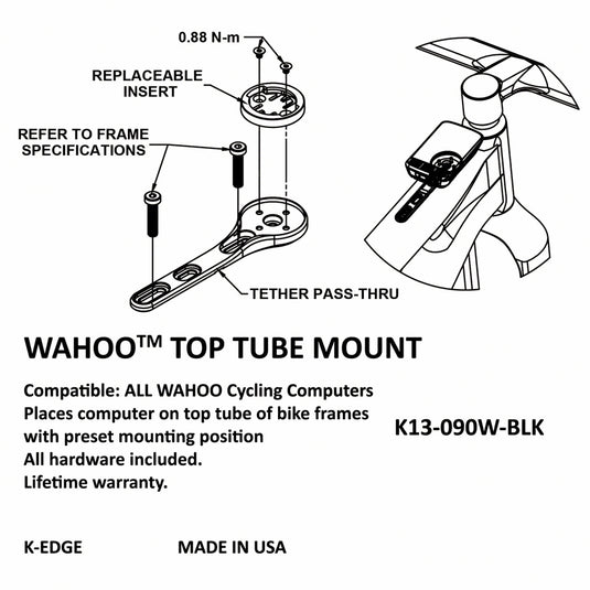 K-EDGE Wahoo Top Tube Mount Black CNC Machined Made In USA Multi Mount Positions