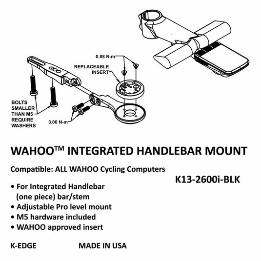 K-EDGE Integrated Handlebar System Mount for Wahoo Computers, w/ M5 hardware