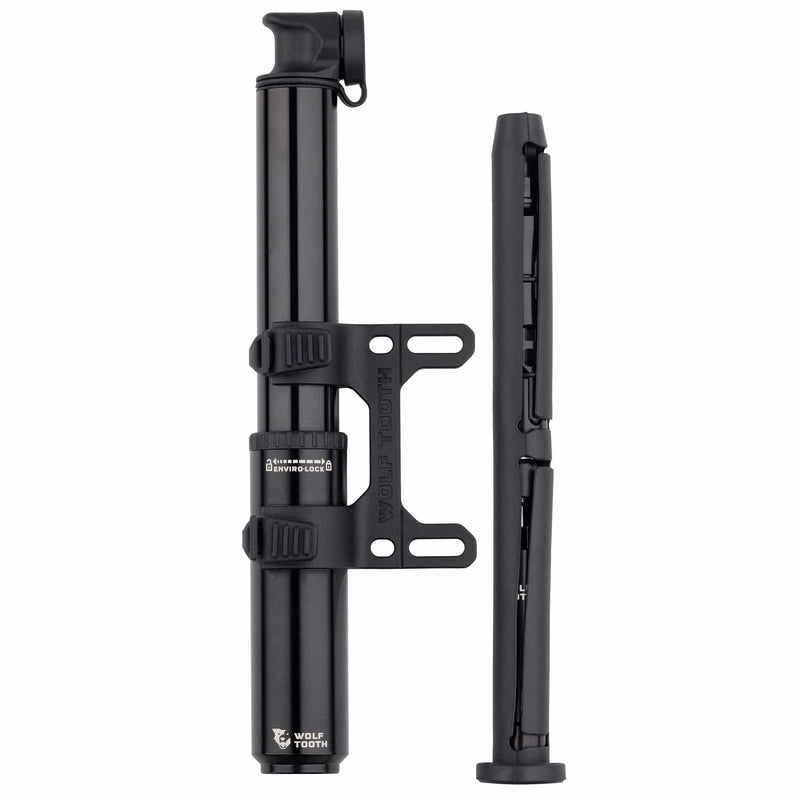 Load image into Gallery viewer, Wolf Tooth EnCase Pump - 85cc High-Volume Bicycle Frame-Mounted Pump with EnviroLock Sealing, Presta Valve Compatibility, Durable Black Alloy Construction, Easy Access Storage, and Efficient Performance for Mountain, Gravel, and Fat Bikes
