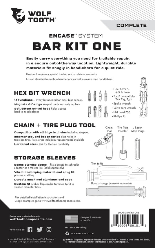 Wolf Tooth EnCase System Bar Kit One 14 Function Store In Handlebar CNC Machined