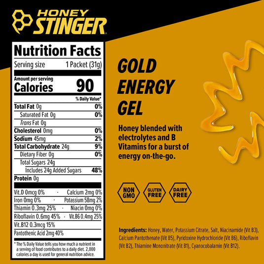 Honey Stinger Energy Gel Gold, Box of 24 With B Vitamins & Electrolytes