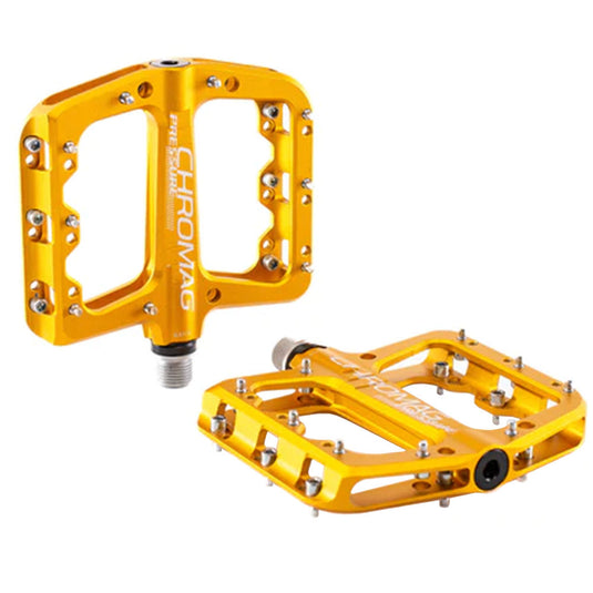 gold flat pedals Chromag Pressure Gold Pedals Aluminum CrMo Spindles for DJ & Freeride – 365 Cycles