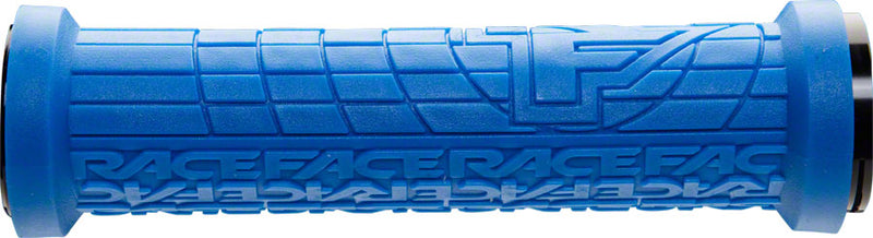 Load image into Gallery viewer, RaceFace Grippler Grips Blue Lock On 30mm Directional Ramped Logo Flangeless
